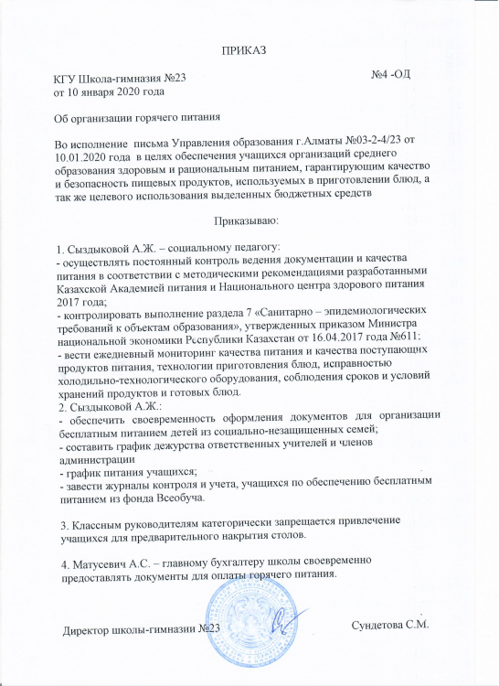 Приказ об организации горячего питания