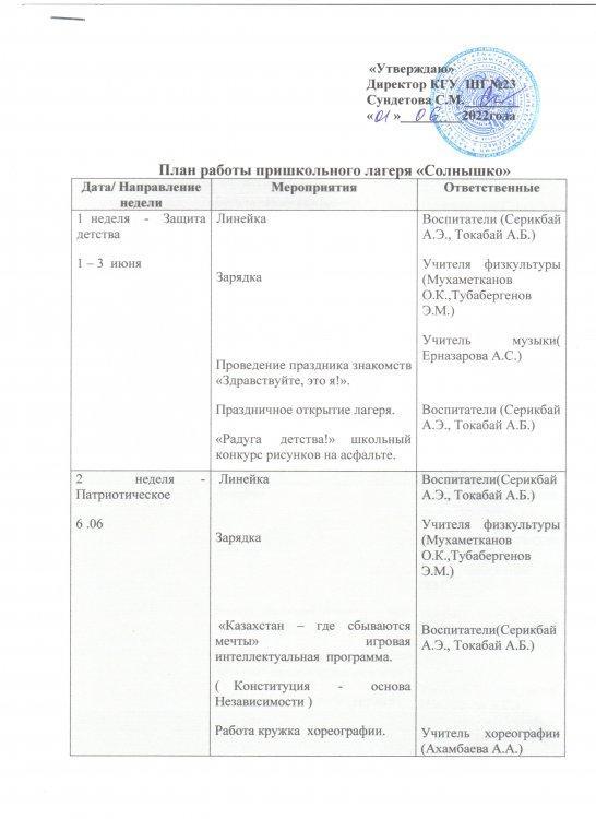 План работы пришкольного лагеря "Солнышко"