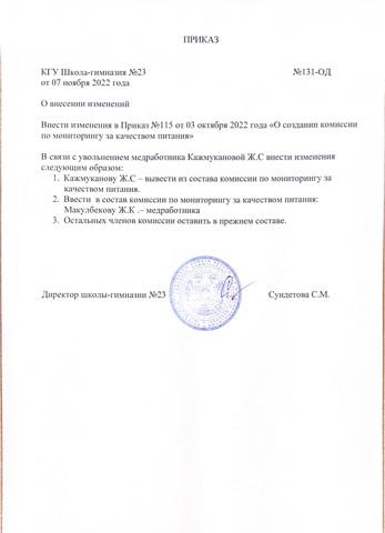 Приказ о создании комиссии по мониторингу за качеством питания измененный
